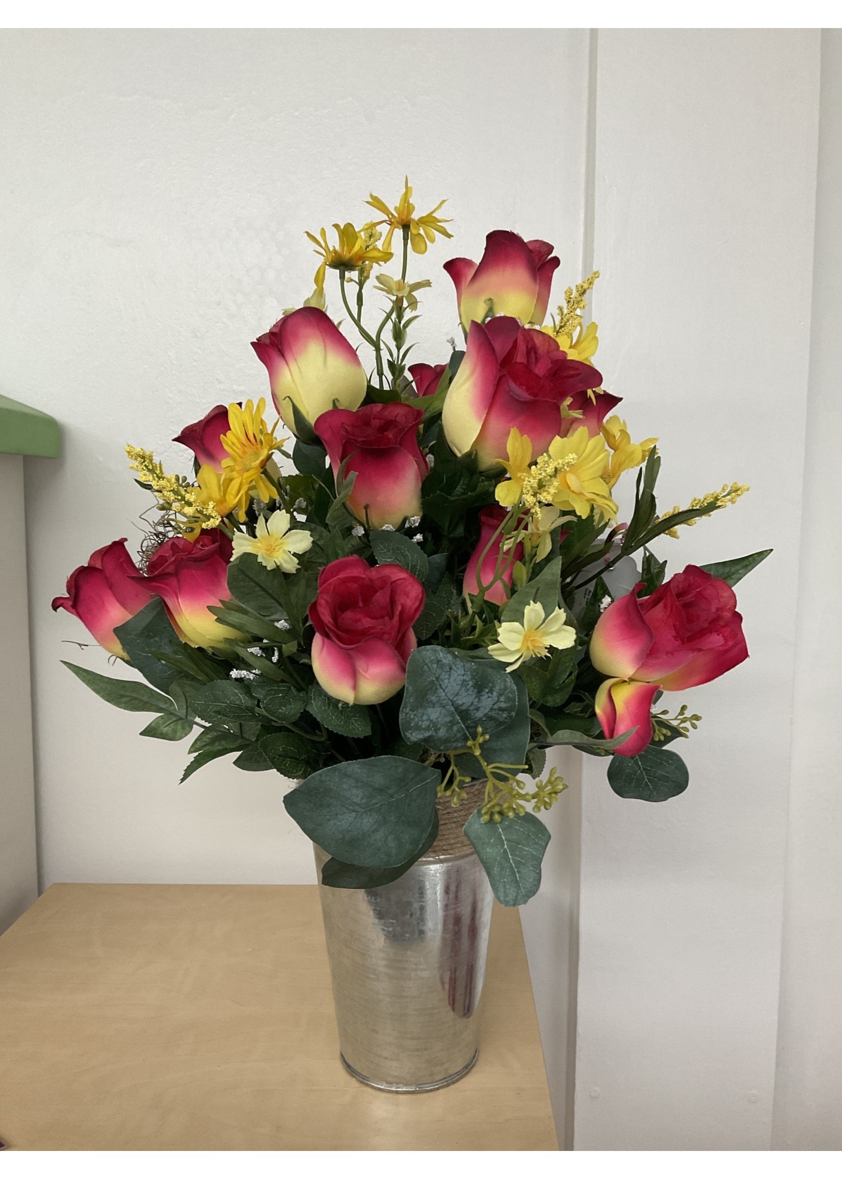 My New Favorite Thing Centerpiece Spring Metal Bucket Red Roses and Yellow Flowers