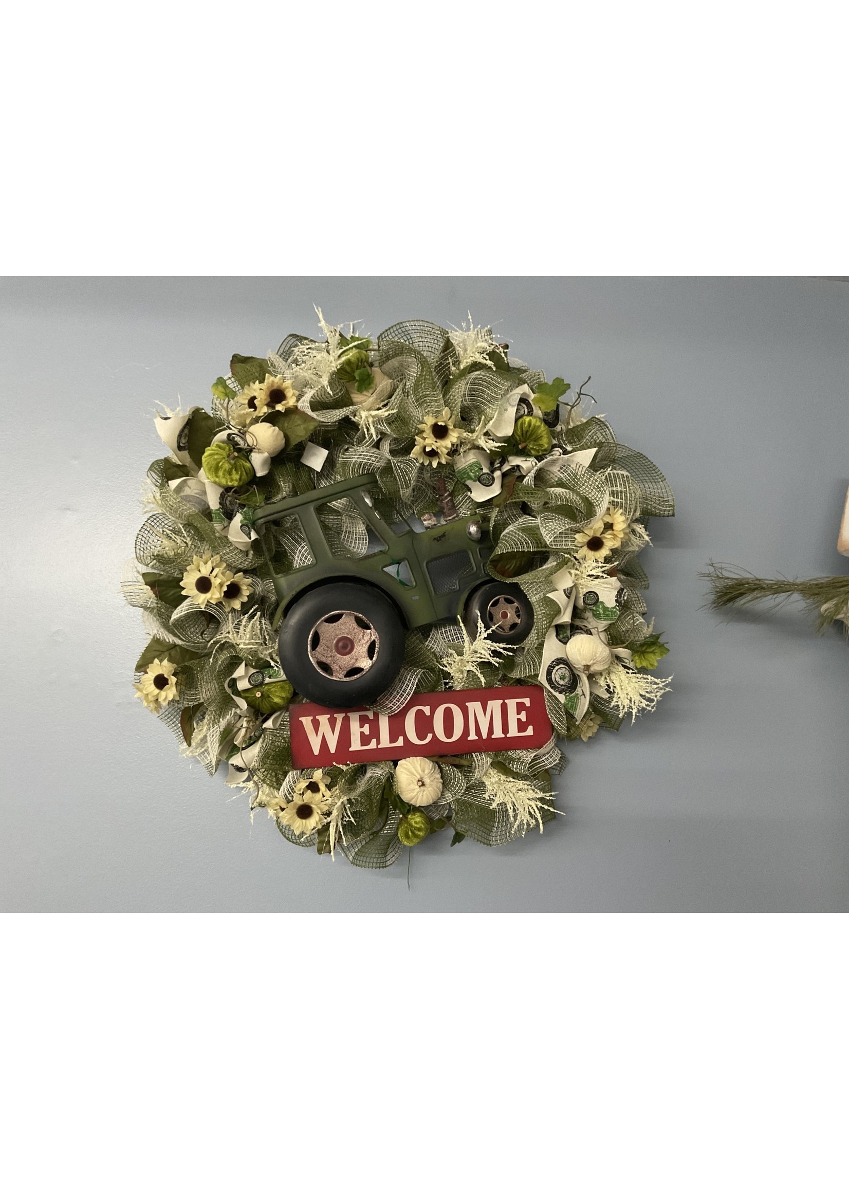 My New Favorite Thing Wreath Mesh Green Tractor "Welcome"