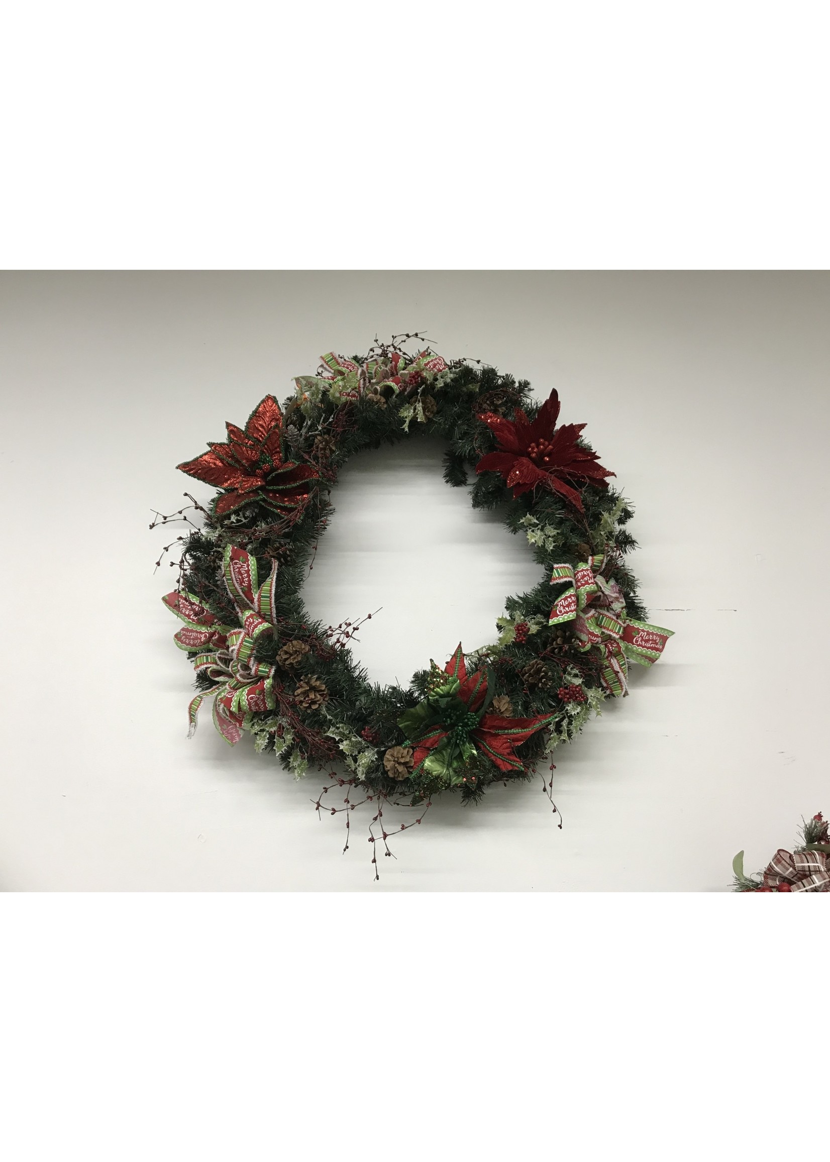 My New Favorite Thing Wreath Evergreen with Red Poinsettias and Merry Christmas Ribbon 34 inches