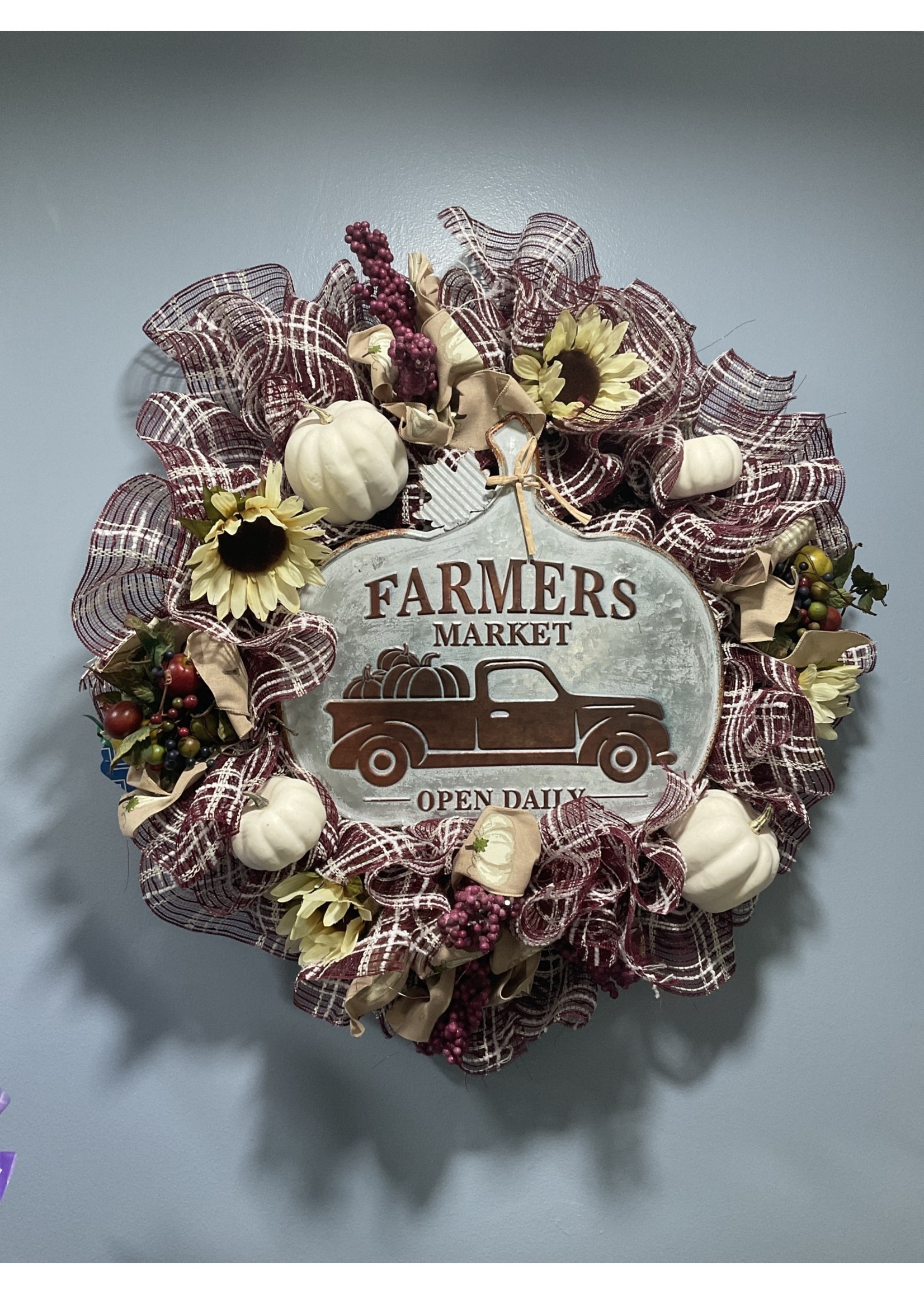 My New Favorite Thing Mesh Purple Fall Wreath "Farmers Market Open Daily"