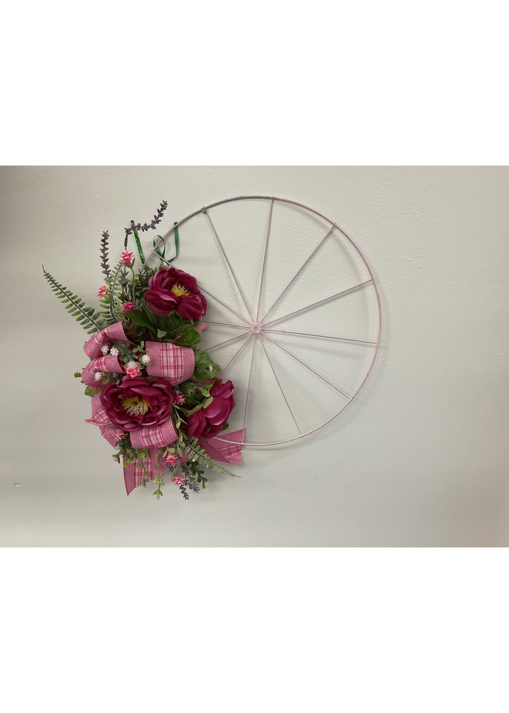 My New Favorite Thing Wreath Bicycle Pink Flowers and Pink Plaid Ribbon