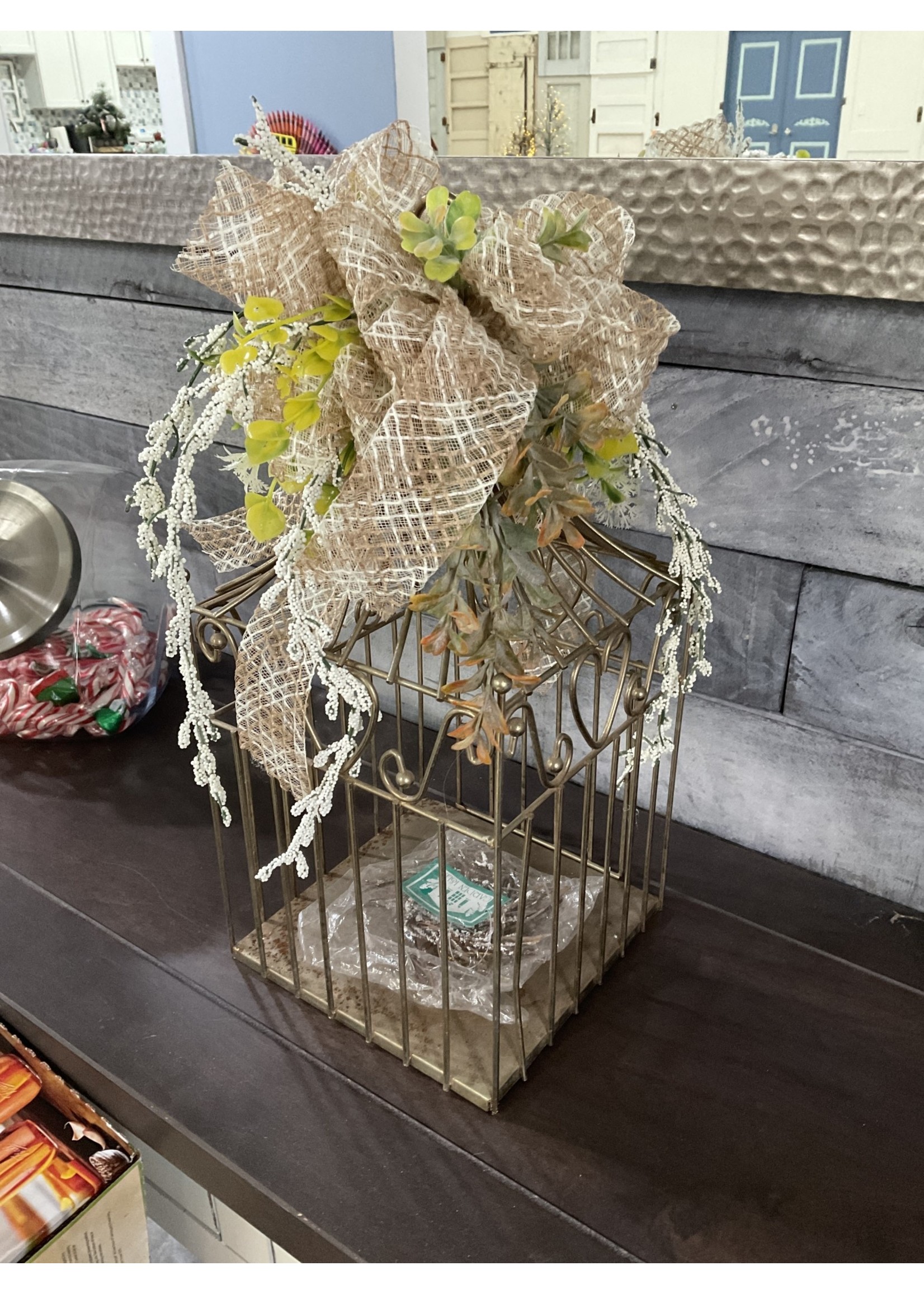 My New Favorite Thing Bird Cage w/ White Flowers and Brown Ribbon