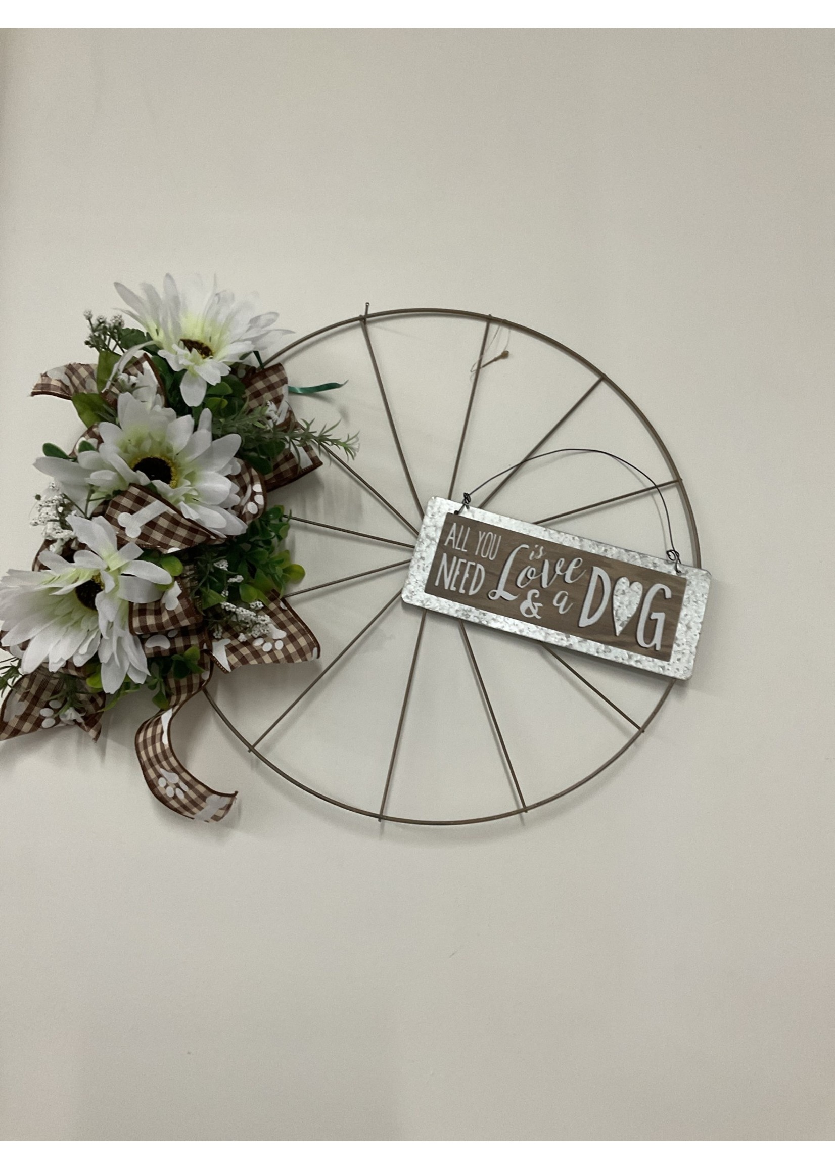 My New Favorite Thing Bicycle Wreath "All You Need is Love & A Dog" with White Flowers and Brown Dog Ribbon