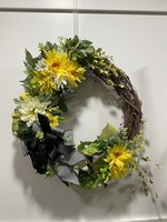 My New Favorite Thing Wreath Grapevine 21 in-Yellow/White Daisies Striped Ribbon