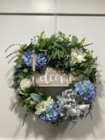 My New Favorite Thing Wreath Grapevine 18 in-"Welcome" Shiplap Blue Hydrangeas