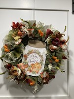 My New Favorite Thing Wreath Mesh Green 22in-"Always Be Thankful" with Pumpkins and Orange and Green Ribbon