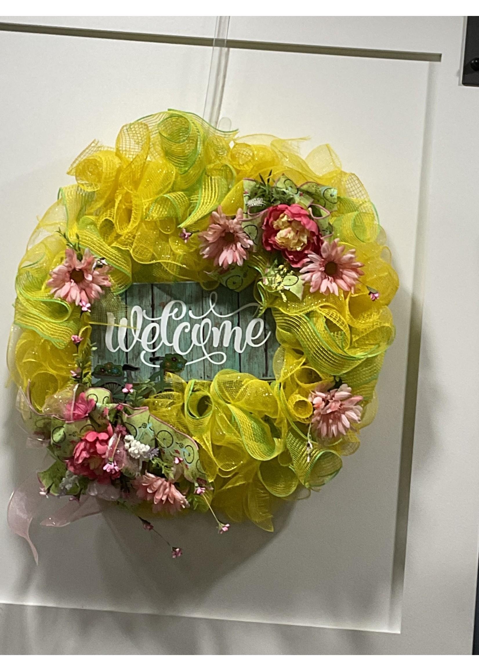 My New Favorite Thing Wreath Mesh 28 in-"Welcome" Fence Yellow w/Pink Flowers