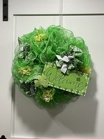 My New Favorite Thing Wreath Mesh 21 in-Bright Green Clover Ribbon "Leprechauns Welcome"