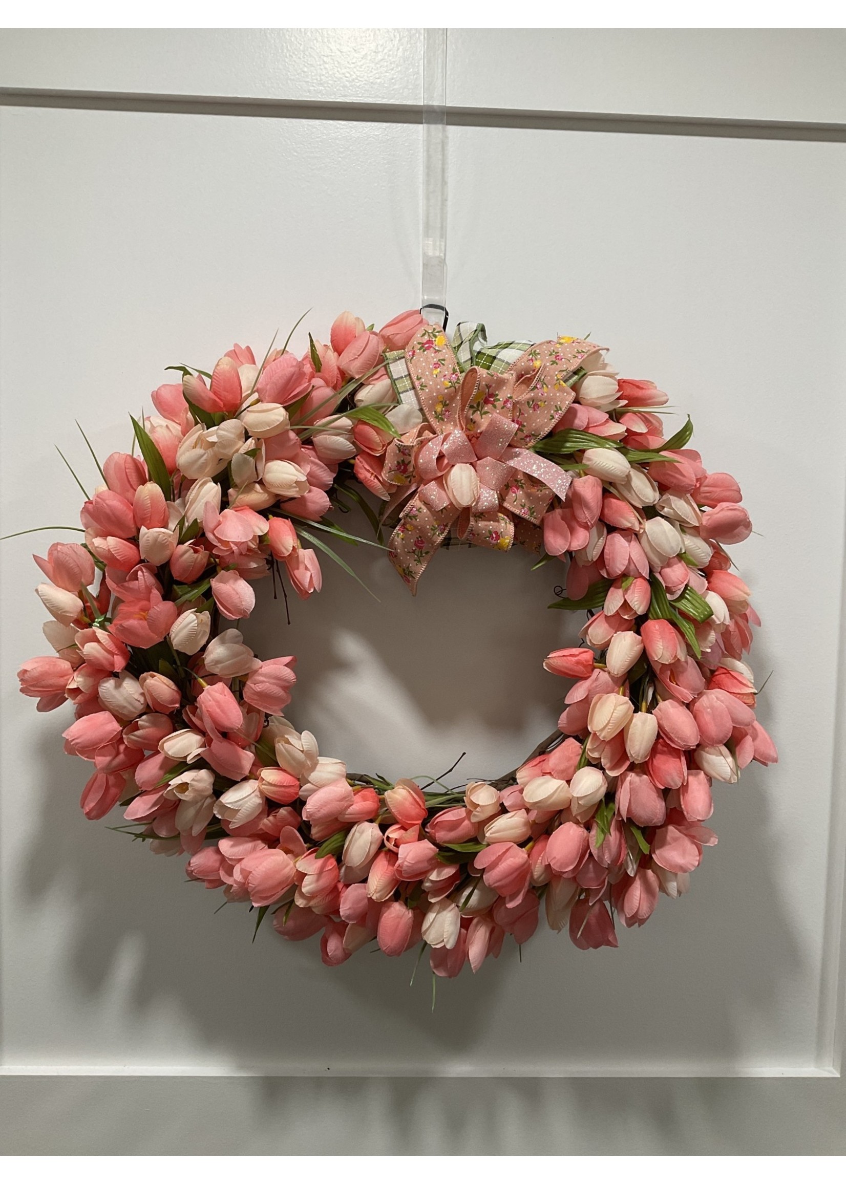 My New Favorite Thing Wreath Grapevine 18 in-Pink Tulips w/Pink and Green Bow
