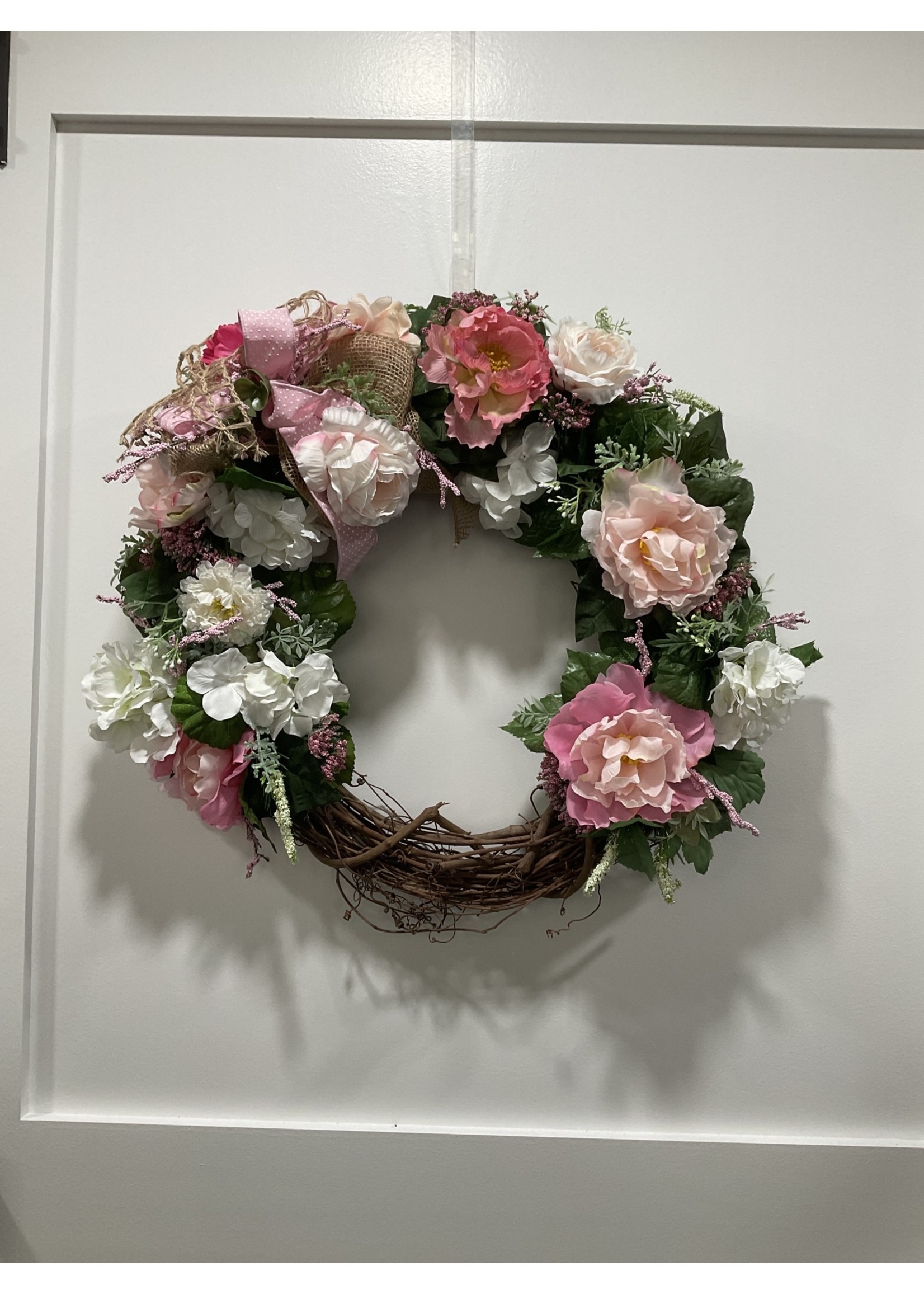 My New Favorite Thing Wreath Grapevine 22 in-Pink and White Flowers w/Pink Polka Dot Ribbon/Burlap