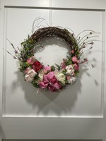 My New Favorite Thing Wreath Grapevine 20 in-Pink and White Flowers w/Hot Pink Striped Bow