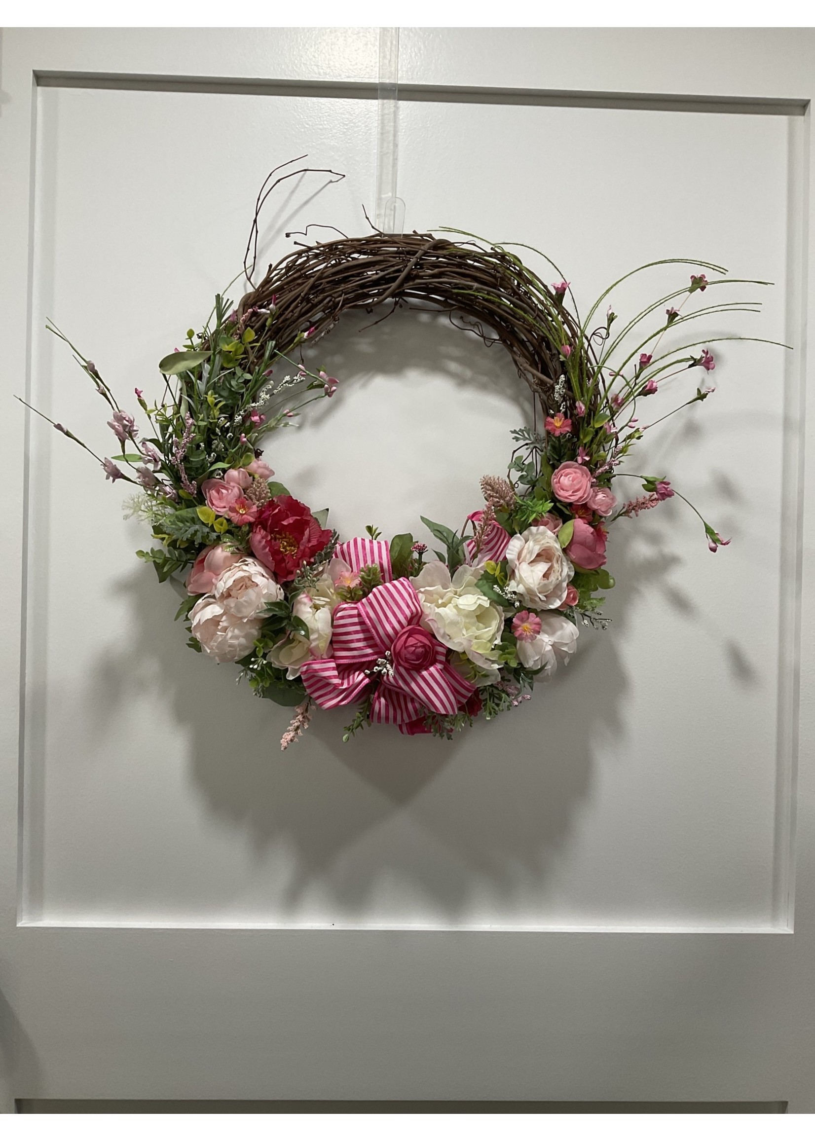 My New Favorite Thing Wreath Grapevine 20 in-Pink and White Flowers w/Hot Pink Striped Bow