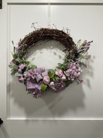 My New Favorite Thing Wreath Grapevine 18 in-Purple Flowers w/Purple Check Bow Burlap