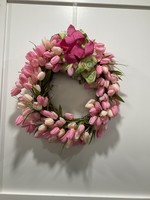 My New Favorite Thing Wreath Grapevine 14 in-Pink Tulips w/Hot Pink and Green Bicycle Ribbon