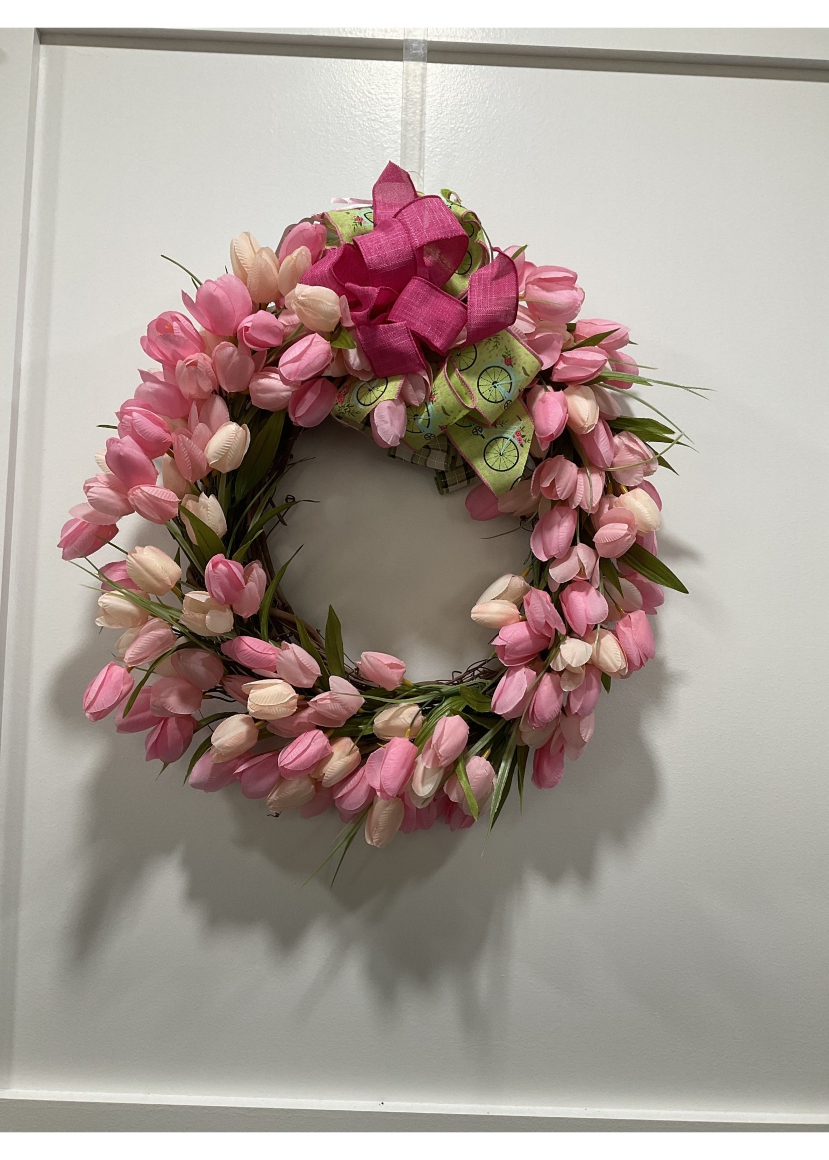 My New Favorite Thing Wreath Grapevine 14 in-Pink Tulips w/Hot Pink and Green Bicycle Ribbon