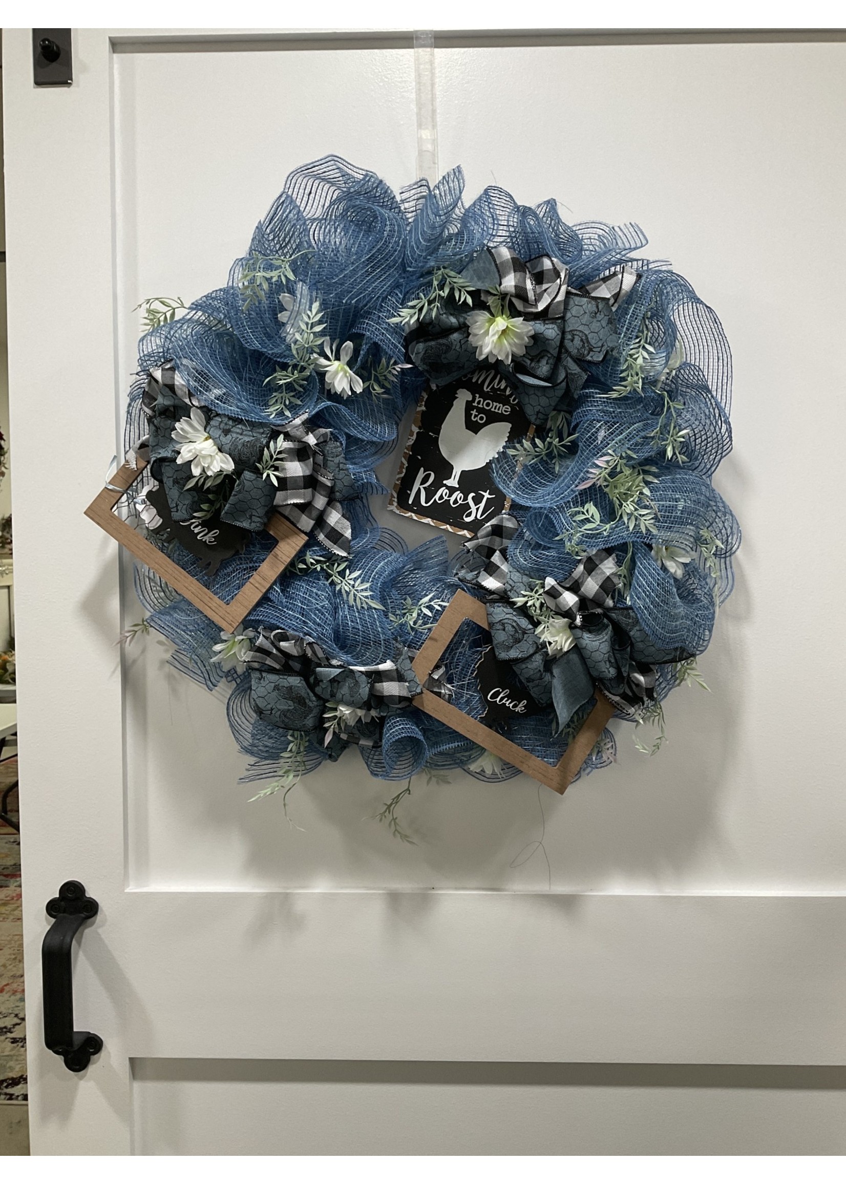 My New Favorite Thing Wreath Mesh 18 in-Blue w/White Flowers "Coming Home to Roost" Black Ribbon