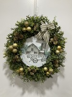 My New Favorite Thing Wreath Boxwood 16 in-Barn Snow Scenery w/Gold Ornaments and Green Striped Ribbon