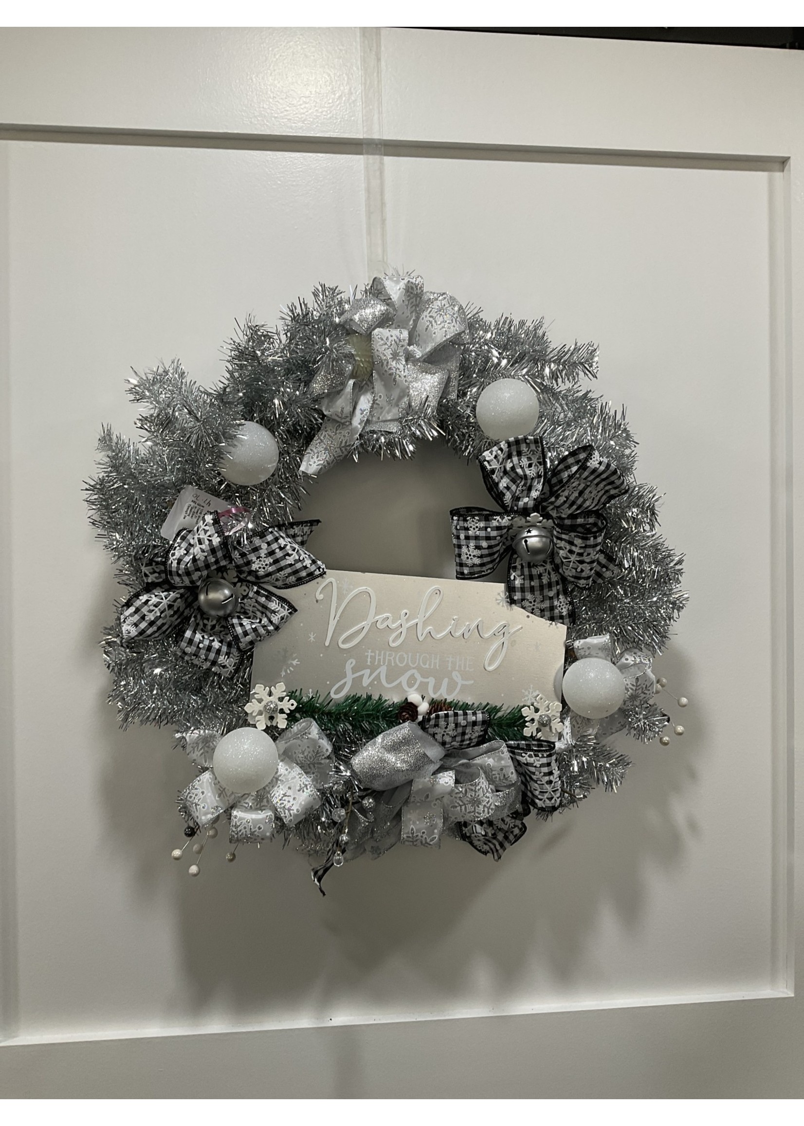 My New Favorite Thing Wreath Tinsel 21 in-Silver "Dashing Through the Snow" w/Black Check Ribbon