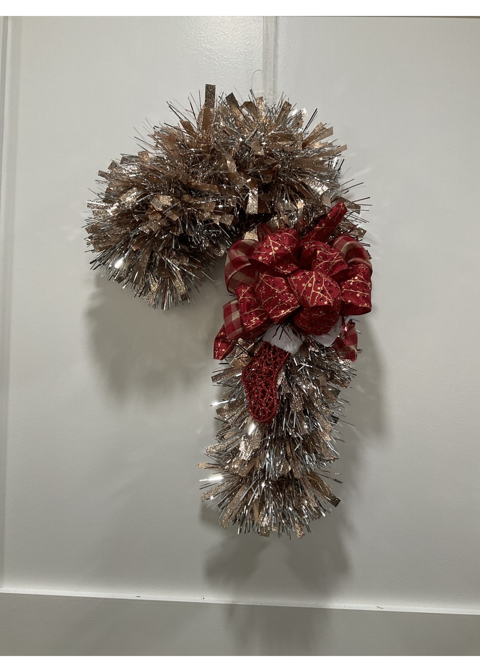 My New Favorite Thing Wreath Candy Cane 24 in-Rose Gold Tinsel w/Stocking and Red Gold Glitter Ribbon