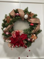 My New Favorite Thing 1241 Wreath Evergreen 21 in-Red Poinsettia w/Gingerbread and Red and Green Check Ribbon
