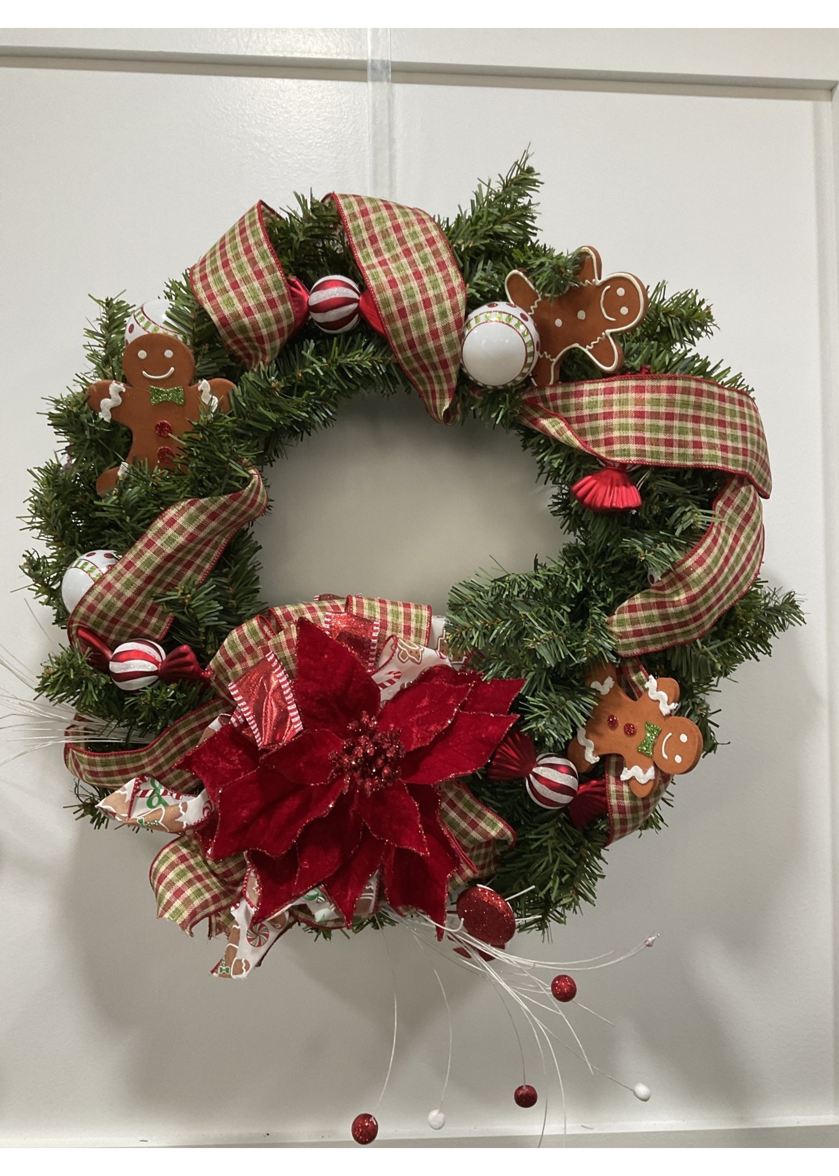 My New Favorite Thing Wreath Evergreen 21 in-Red Poinsettia w/Gingerbread and Red and Green Check Ribbon