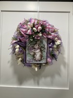 My New Favorite Thing 388 Wreath Mesh 24 in-Purple Bunny "Easter Greetings" w/White Tulips and Pink Check Ribbon