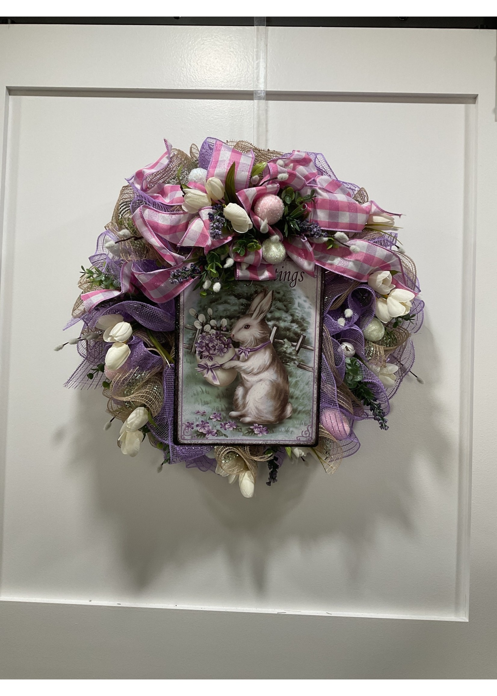 My New Favorite Thing 388 Wreath Mesh 24 in-Purple Bunny "Easter Greetings" w/White Tulips and Pink Check Ribbon