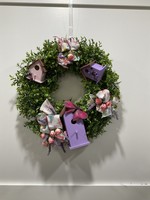 My New Favorite Thing Wreath Boxwood 22 in-Birdhouses and Roses w/Dragonfly Ribbon