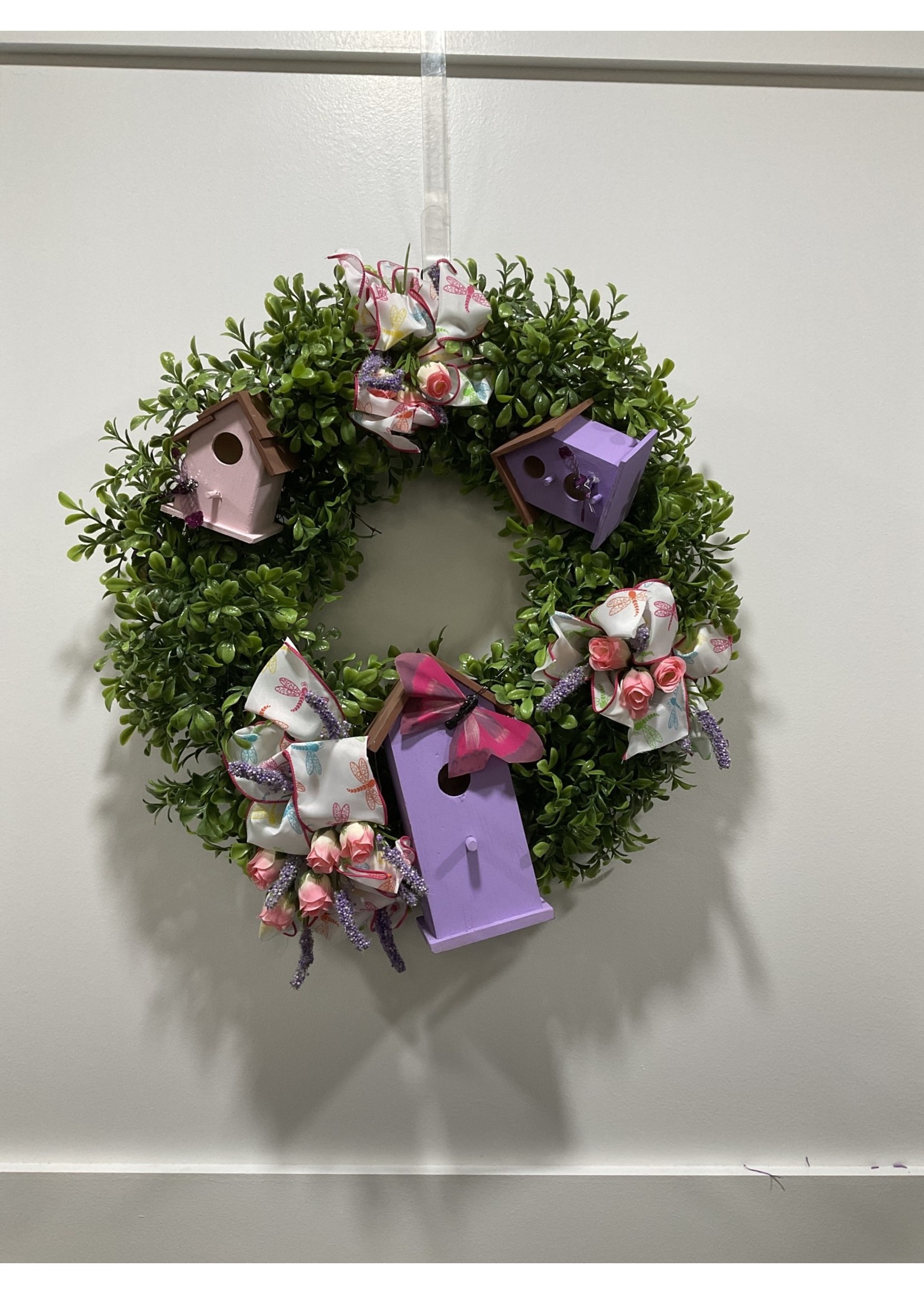 My New Favorite Thing Wreath Boxwood 22 in-Birdhouses and Roses w/Dragonfly Ribbon