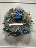 My New Favorite Thing Wreath Mesh 22 in-Tan and Blue "Welcome" w/Fish and Blue Flowers and Ribbon
