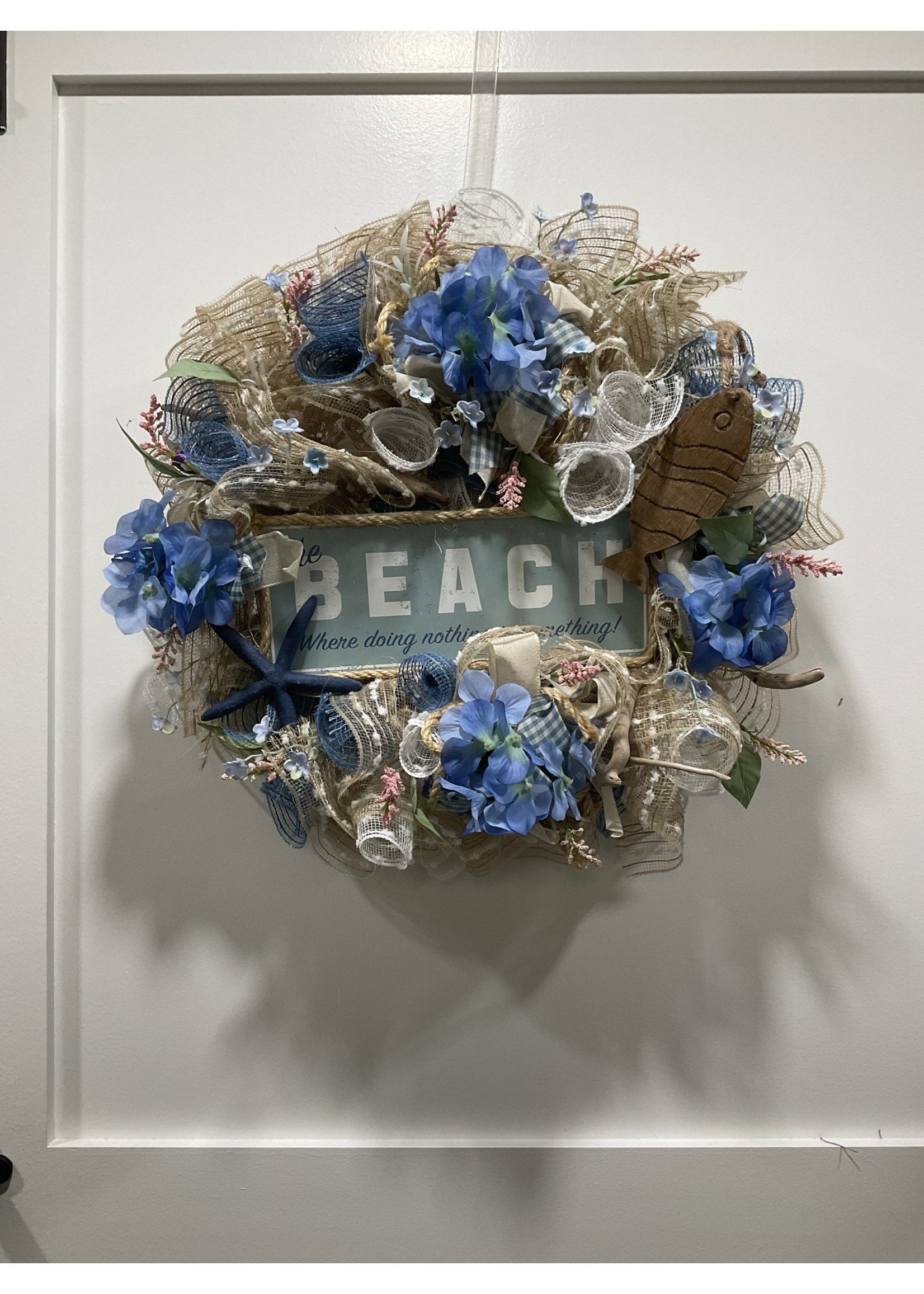 My New Favorite Thing Wreath Mesh 21 in-Tan "The Beach" w/Blue Starfish and Flowers