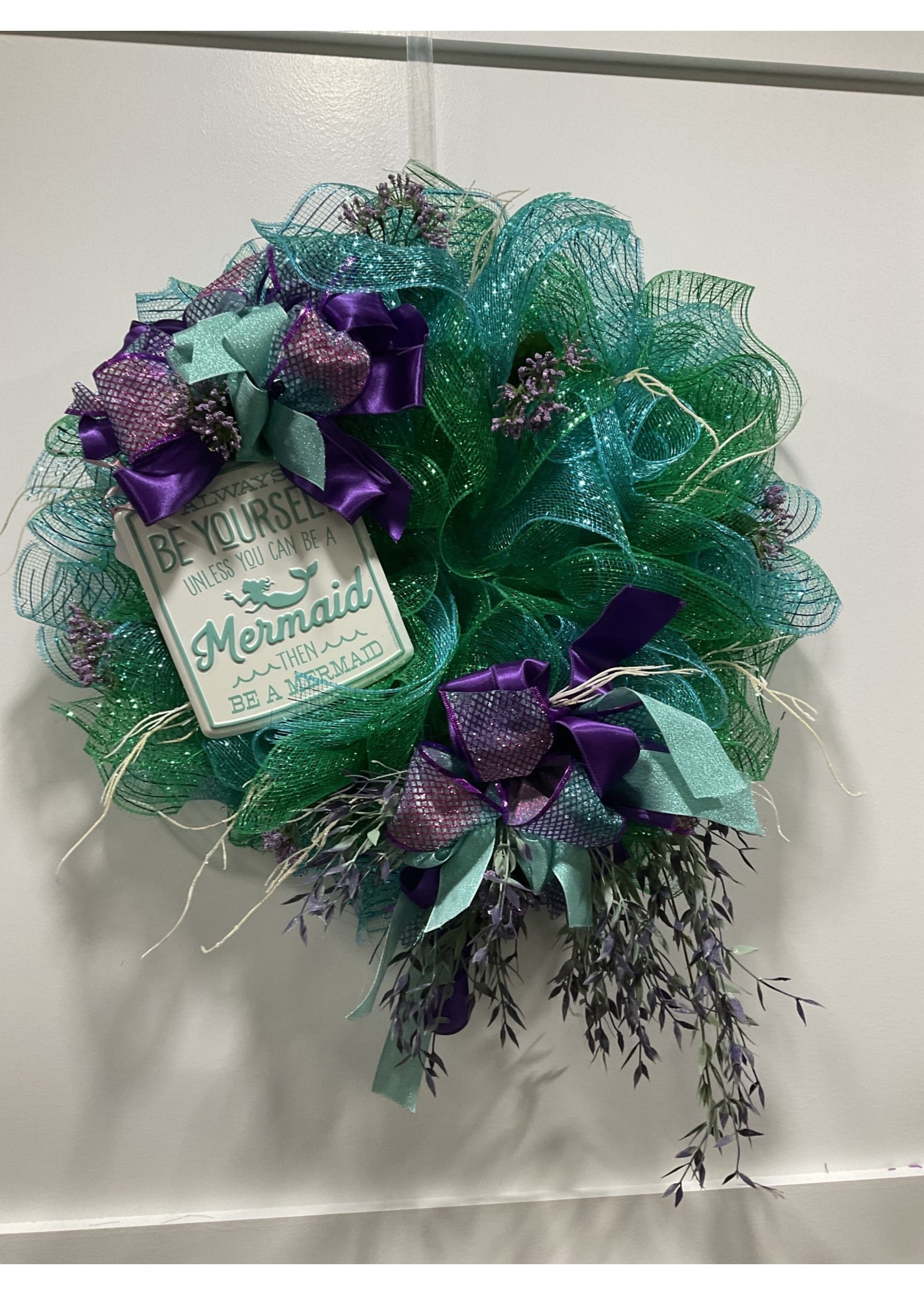 My New Favorite Thing Wreath Mesh 23 in-Green and Blue "Mermaid" w/Purple Ribbon