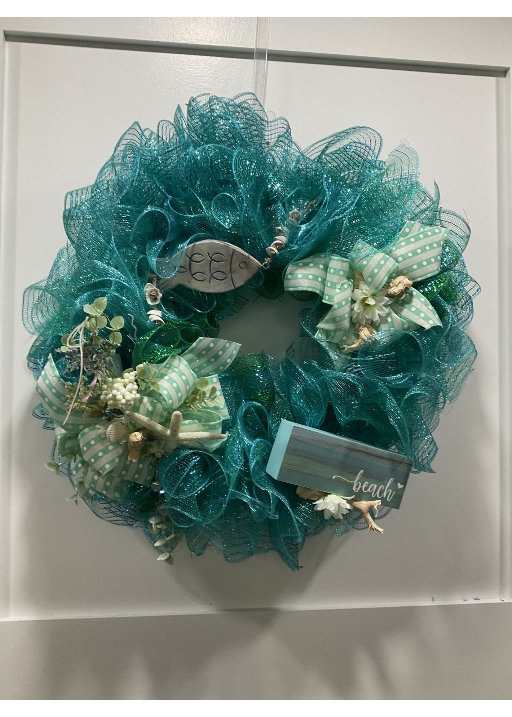 My New Favorite Thing Wreath Mesh 24 in-Aqua "Beach" w/Fish and Green Dotted Ribbon and Flowers