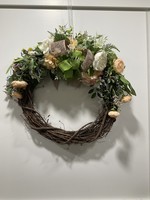 My New Favorite Thing Wreath Grapevine 18 in-Peach and White Flowers w/Burlap and Green Dotted Ribbon