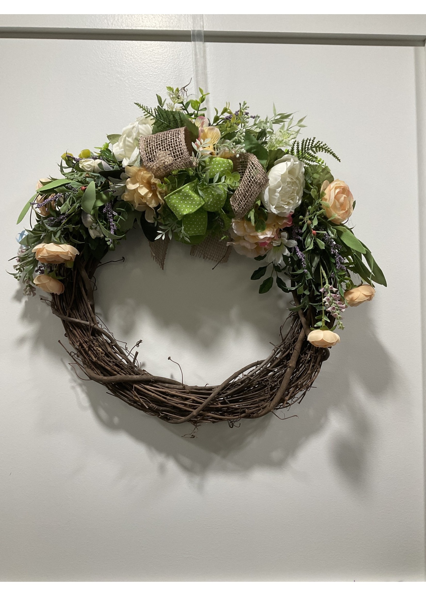 My New Favorite Thing Wreath Grapevine 18 in-Peach and White Flowers w/Burlap and Green Dotted Ribbon