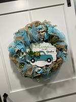 My New Favorite Thing Wreath Mesh 24 in-Blue and Tan "Welcome to My Garden" w/Truck and Watering Can and Blue Plaid Ribbon