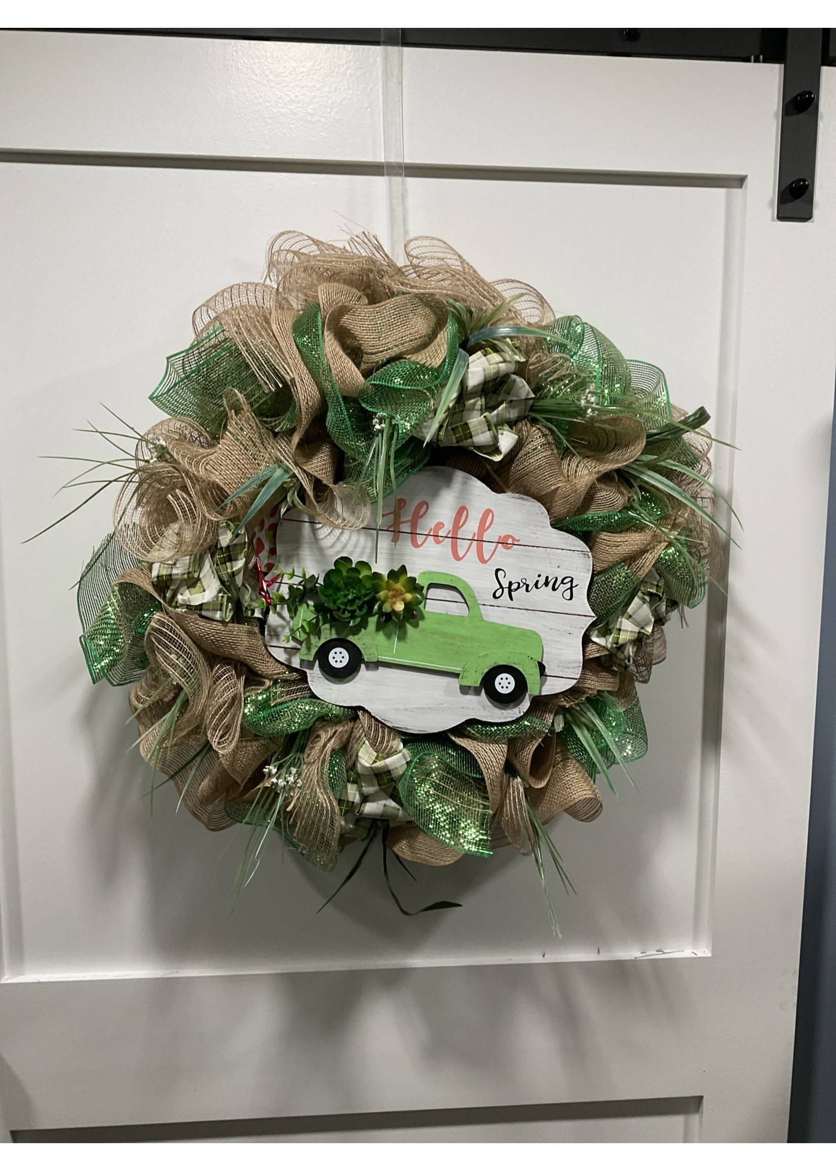 My New Favorite Thing Wreath Mesh 24 in-Green and Tan "Hello Spring" w/Green Truck and Green Plaid Ribbon
