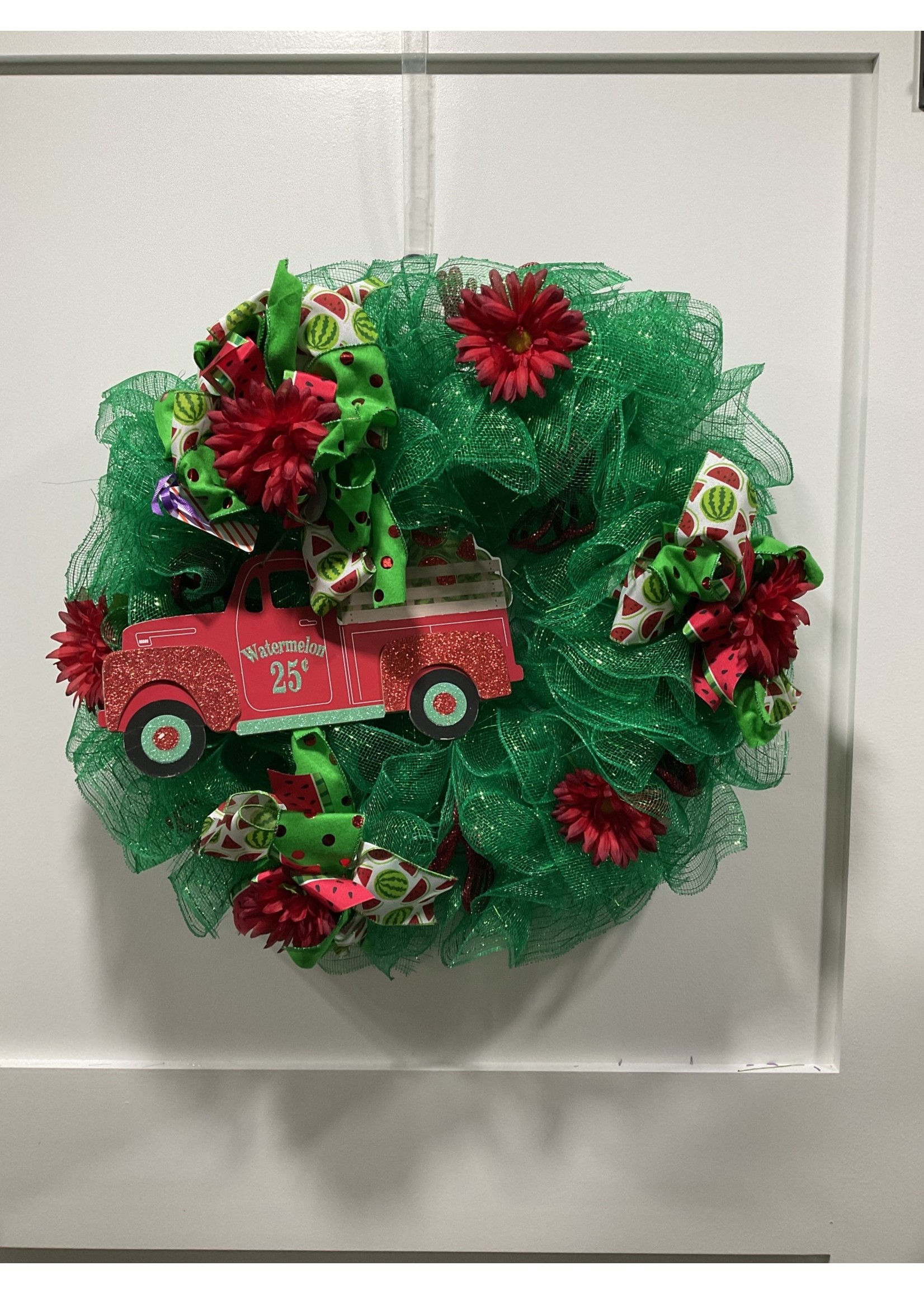 My New Favorite Thing Wreath Mesh 26 in-Green "Watermelons 25" w/Red Flowers and Watermelon Ribbon