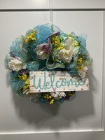 My New Favorite Thing Wreath Mesh 19 in-"Welcome" Multi-Colored w/White and Yellow Flowers