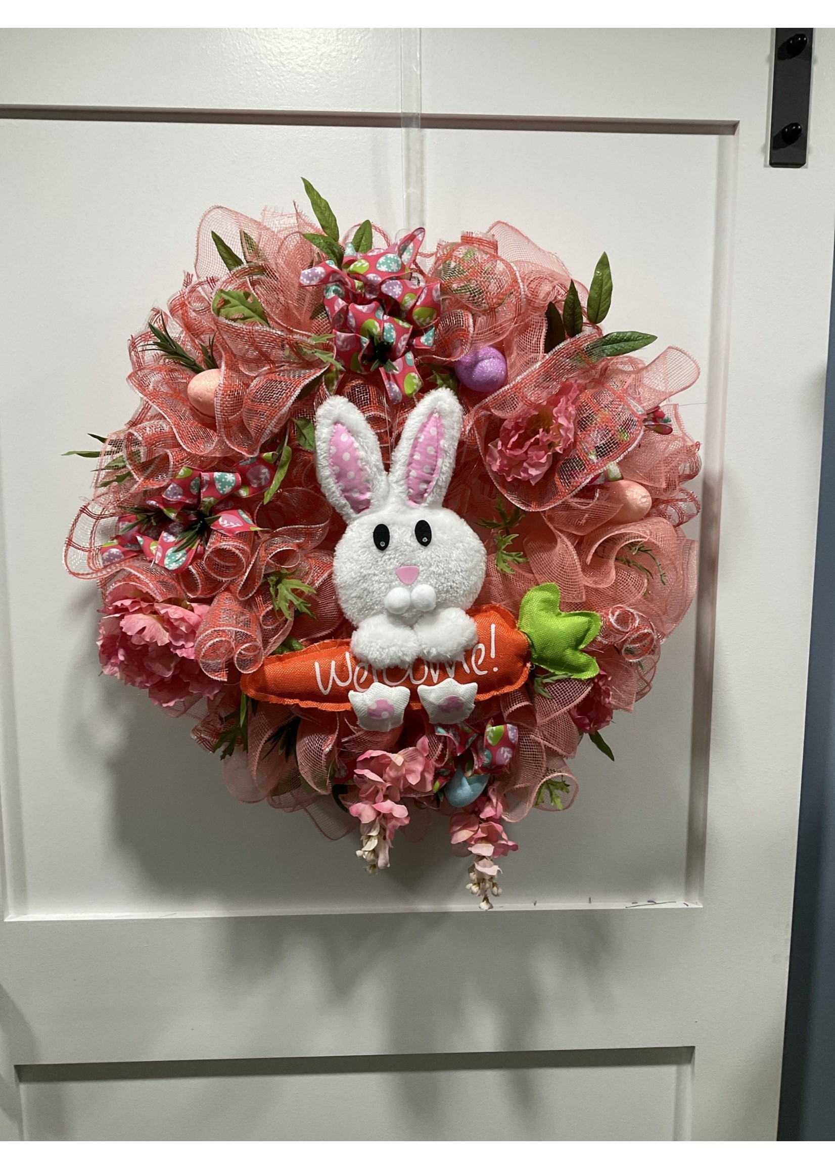 My New Favorite Thing 386 Wreath Mesh 26 in-Peach "Rabbit Welcome" w/Easter Egg Ribbon