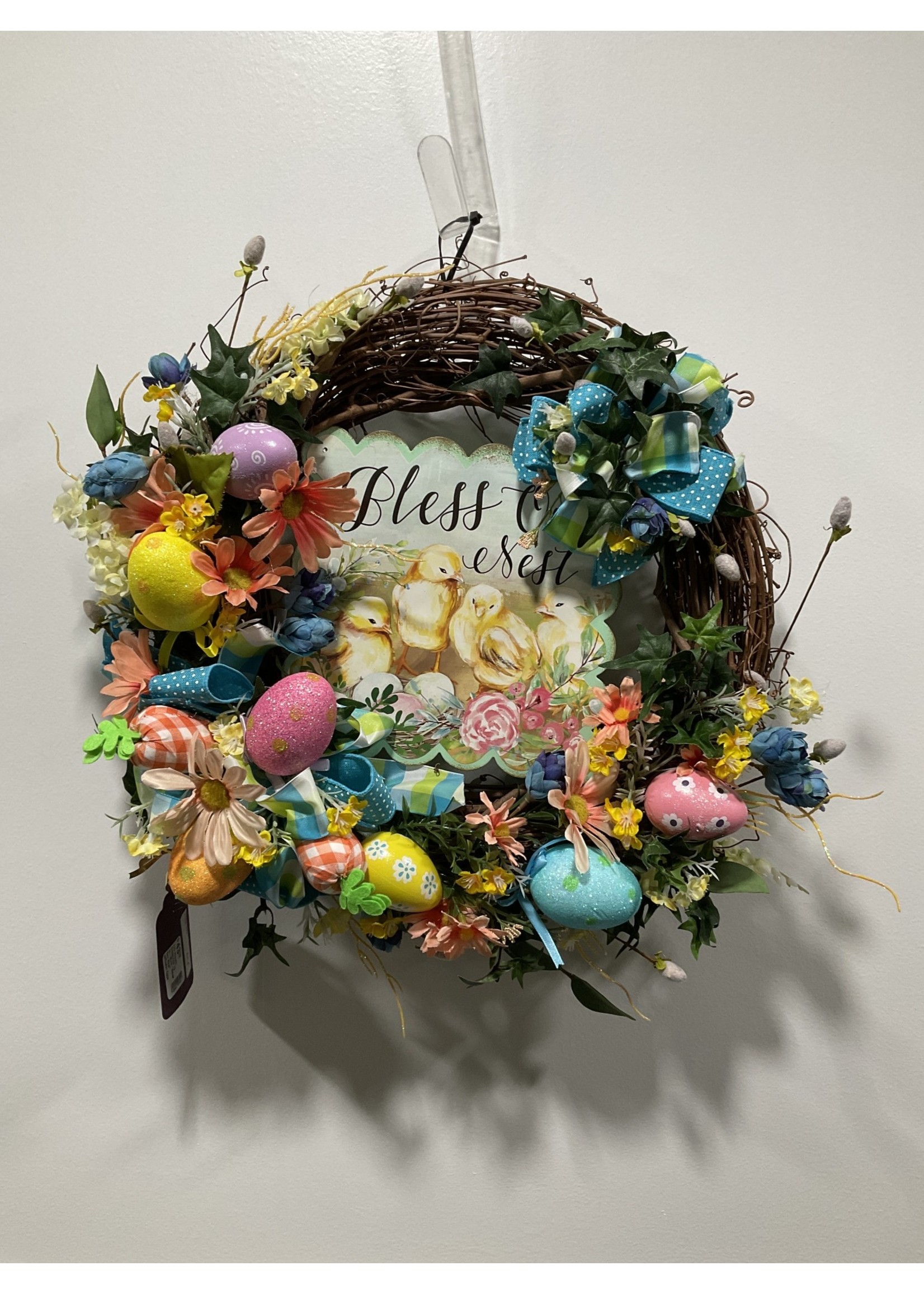 My New Favorite Thing 375 Wreath Grapevine 16 in-Multi "Bless Our Nest" w/Easter Eggs