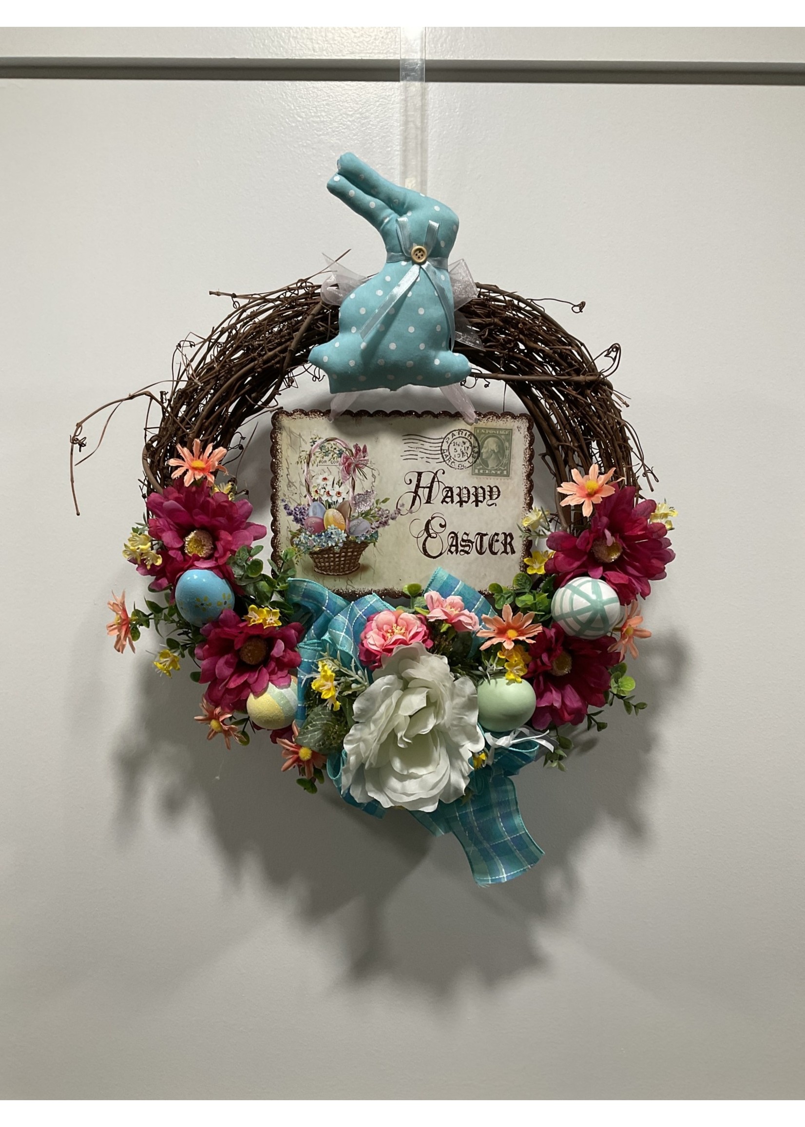 My New Favorite Thing 372 Wreath Grapevine 16 in-"Happy Easter" w/Blue Bunny and Easter Eggs and White Flower