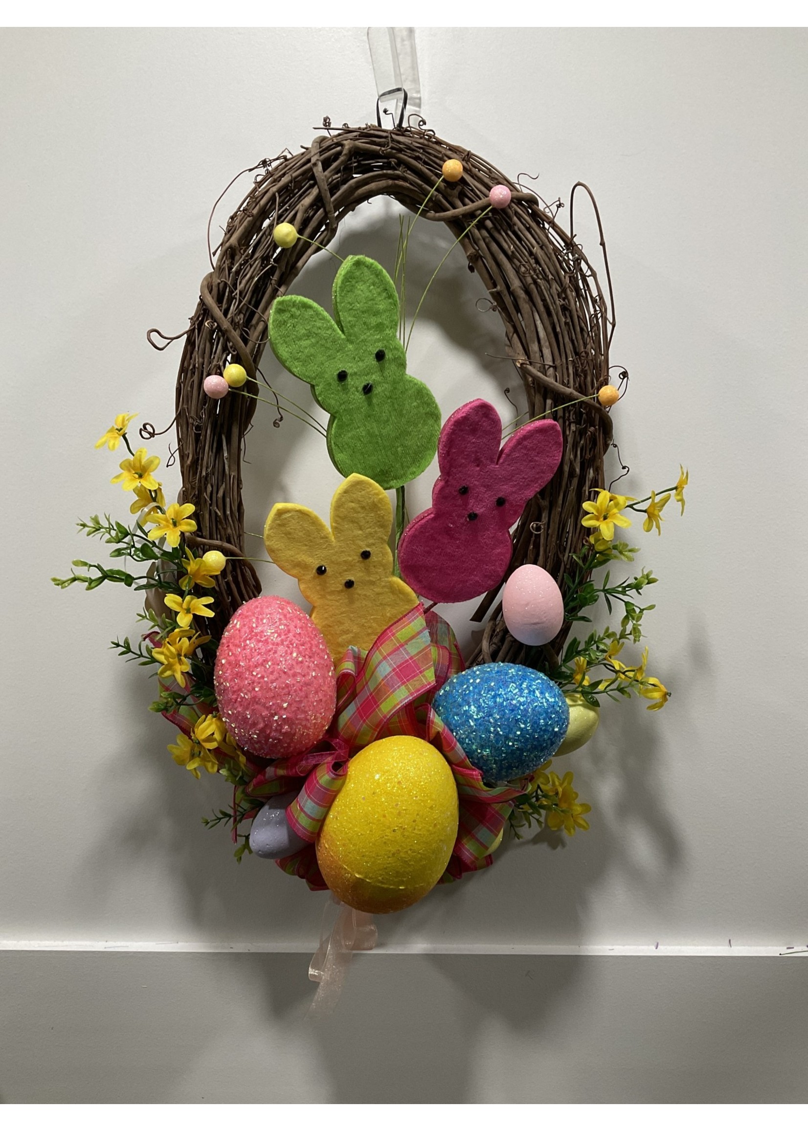 My New Favorite Thing 261 Wreath Grapevine Oval 24 in-3 Felt Bunnies and Easter Eggs w/Pink Plaid Ribbon