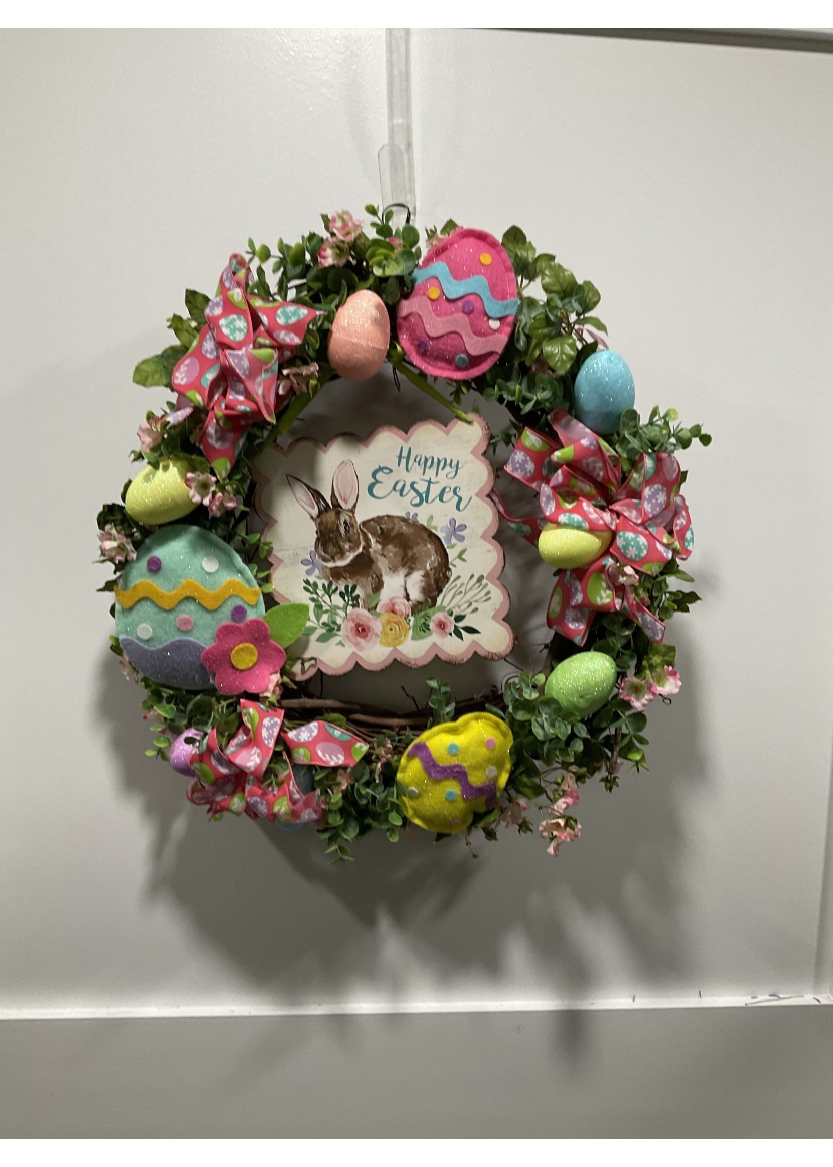 My New Favorite Thing 384 Wreath Grapevine 24 in-Bunny "Happy Easter" w/Easter Eggs and Pink Egg Ribbon