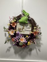 My New Favorite Thing 373 Wreath Grapevine 16 in-Green Bunny "Easter Greetings" w/Pink Flowers and Purple Check Ribbon