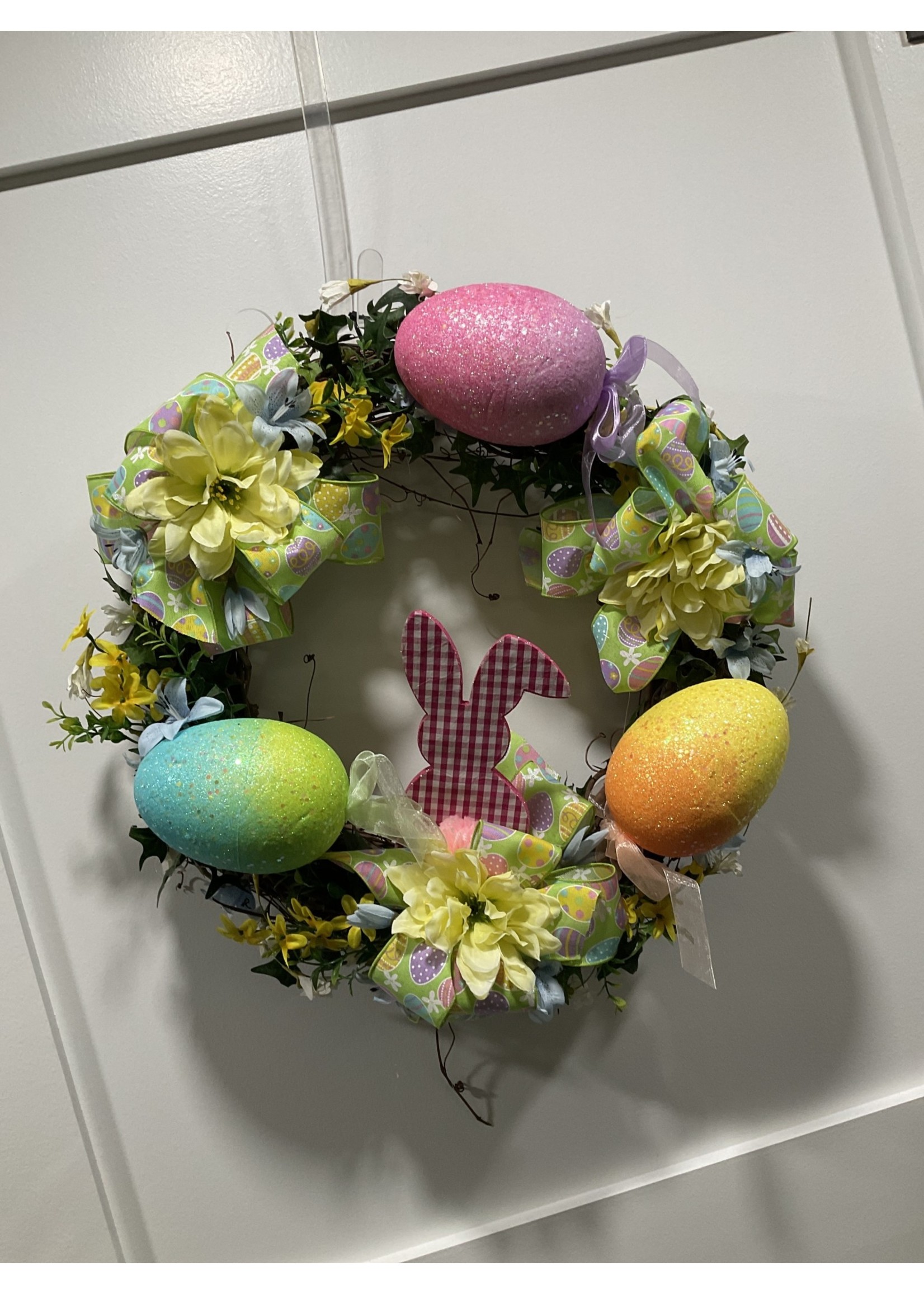 My New Favorite Thing 254 Wreath Grapevine 20 in-Pink Check Bunny w/Large Glittery Easter Eggs and Egg Ribbon