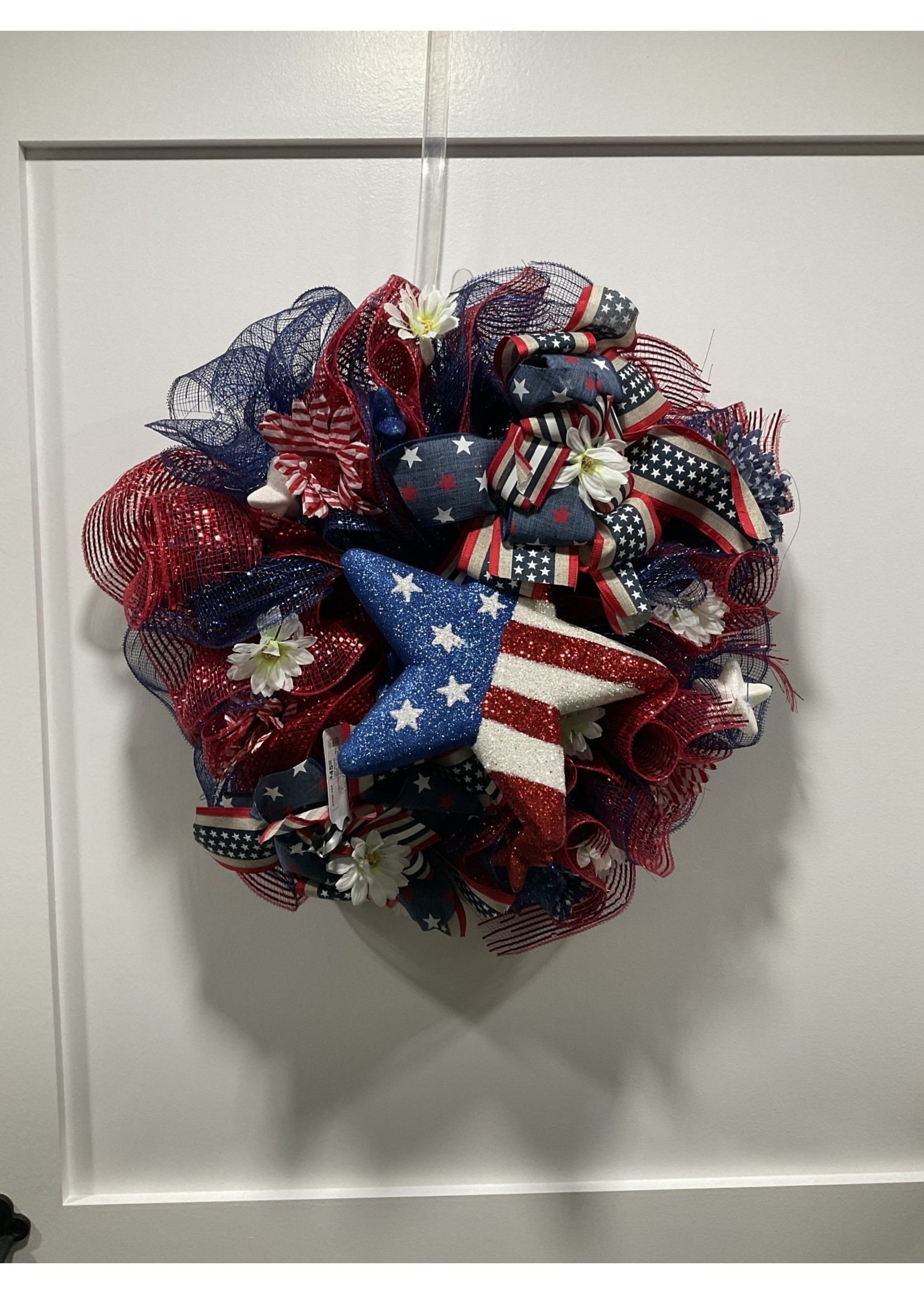 My New Favorite Thing 784 Wreath Mesh 22 in-Red White and Blue w/Large Star and Blue Striped Ribbon