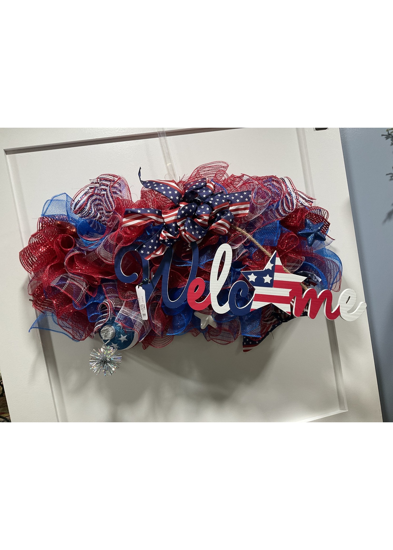 My New Favorite Thing 854 Swag Mesh 38 in-Red White and Blue "Welcome" w/Patriotic Ribbon