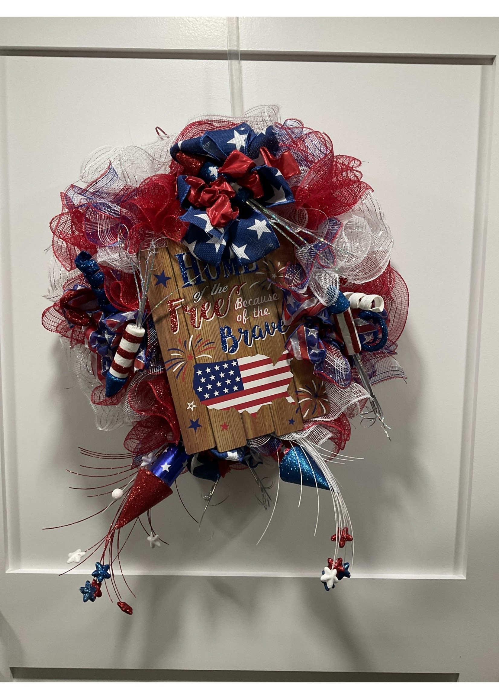 My New Favorite Thing 295 Wreath Mesh 20 in-Red White and Blue "Home of the Brave" w/Firecrackers and Patriotic Ribbon