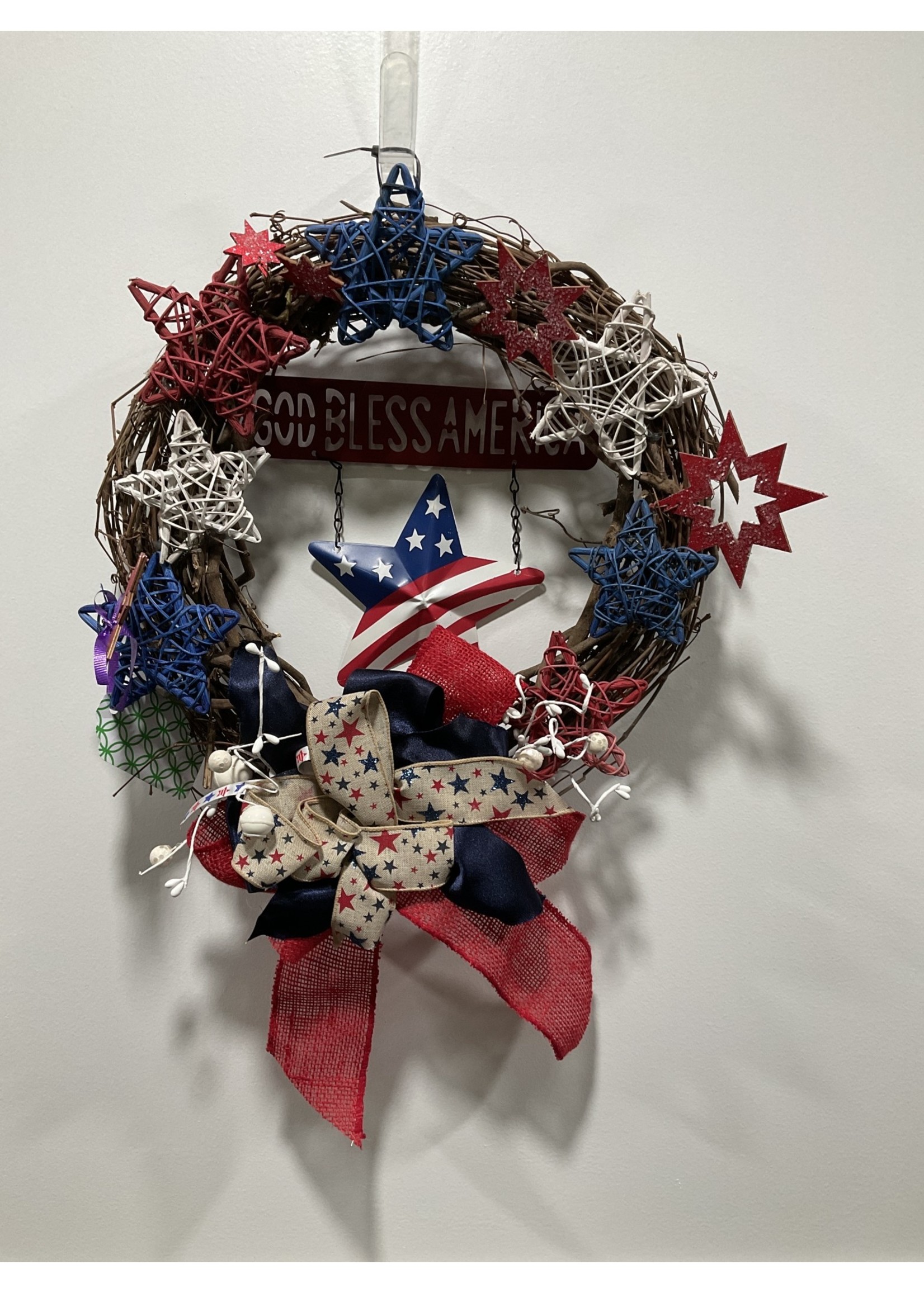 My New Favorite Thing 1235 Wreath Grapevine 16 in-"God Bless America" w/Stars and Patriotic Ribbon